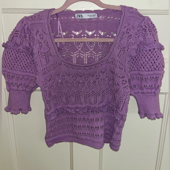 Zara Pointelle Knit Lilac Crochet Top - Picture 1 of 5